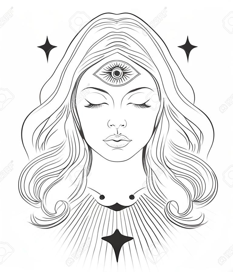Poster with spiritual woman with third eye, vector illustration