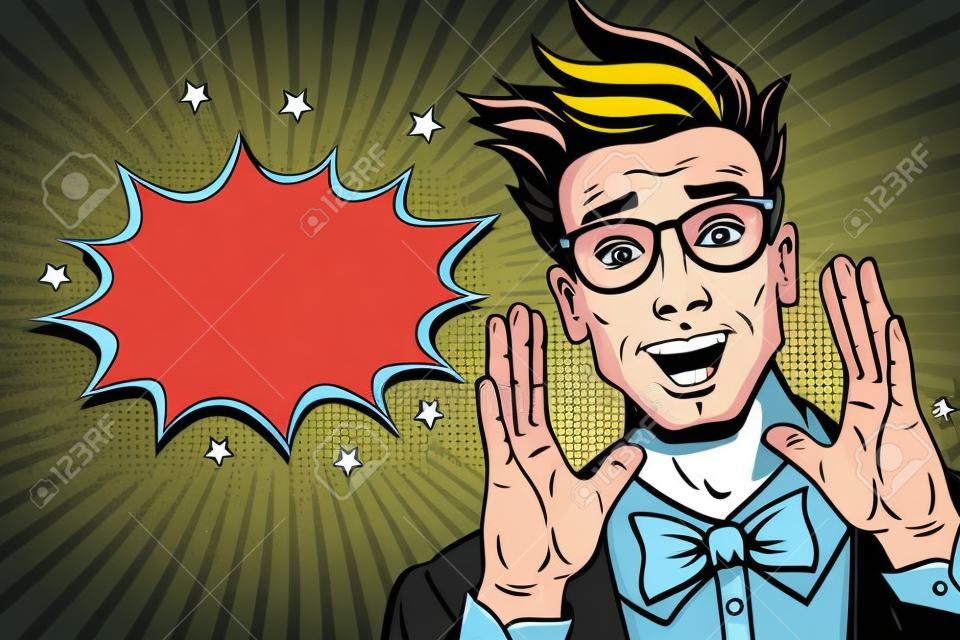 Wow pop art male face. Surprised happy young man in suit, bow tie and glasses with open mouth rises hands screaming announcement. Vector illustration in retro comic style. Party invitation poster.