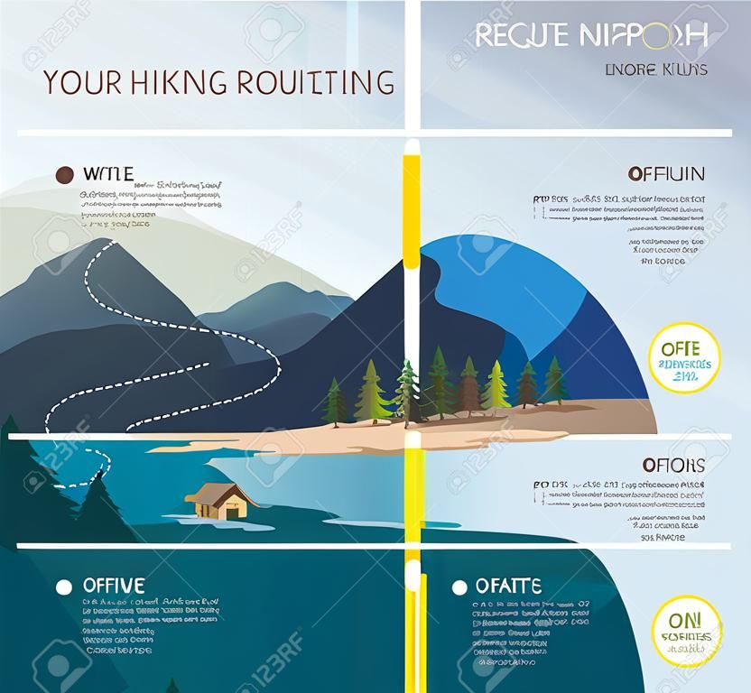 Szablon infografiki szlaków turystycznych z pięcioma krokami. Warstwy górskiego krajobrazu z jodłami. Ilustracji wektorowych