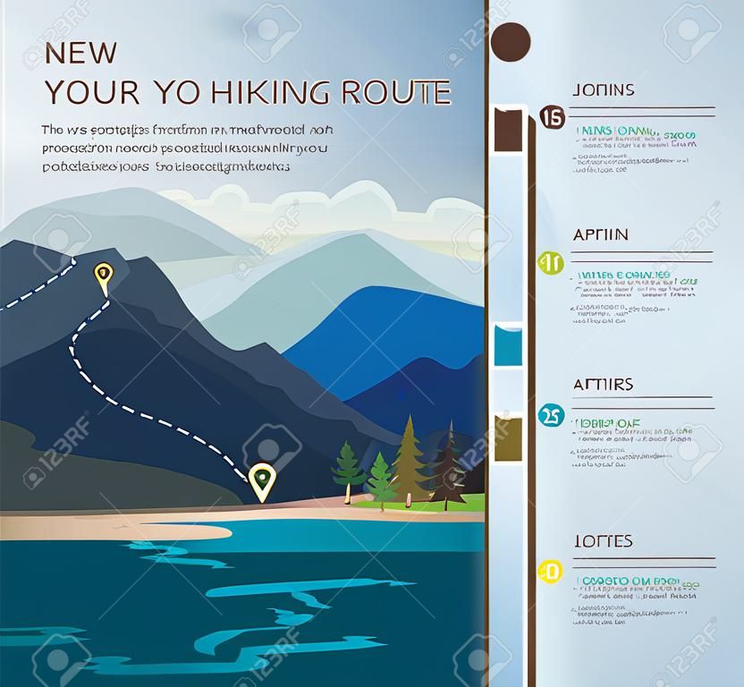 Szablon infografiki szlaków turystycznych z pięcioma krokami. Warstwy górskiego krajobrazu z jodłami. Ilustracji wektorowych