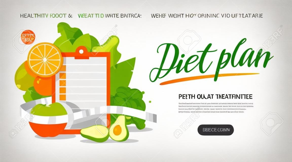 白の健康的な食べ物とダイエット計画。減量の概念。Web バナー テンプレート