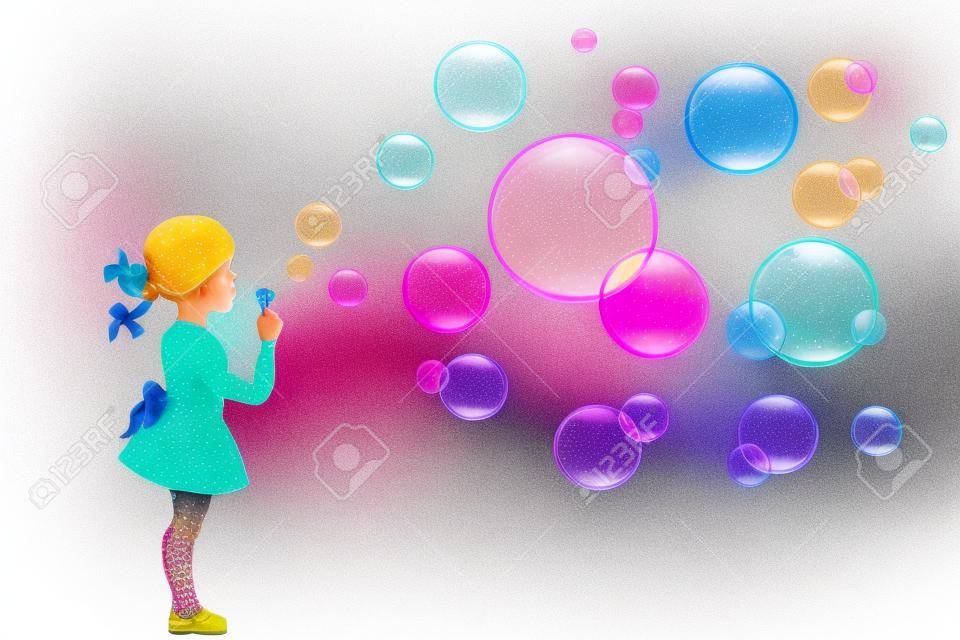 illustration, fille jouant avec des bulles de savon colorées.