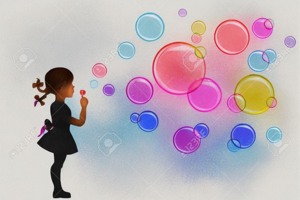 illustration, girl playing with colorful soap bubbles.