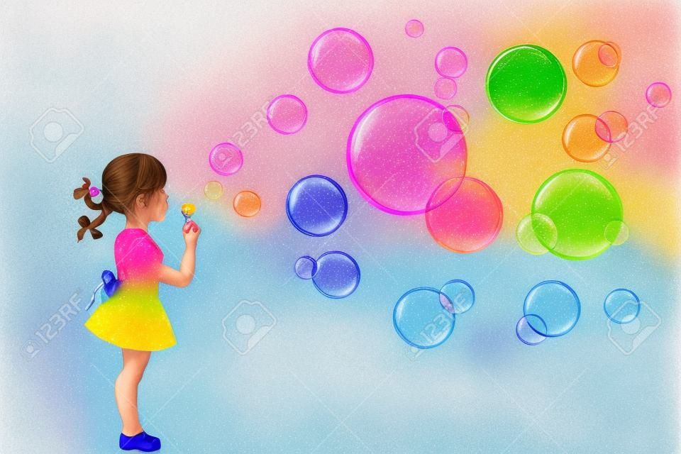 ilustración, niña jugando con pompas de jabón de colores.