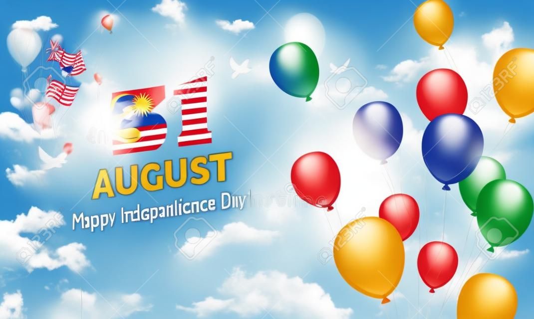 31 août. Carte de voeux pour le jour de l'indépendance de la Malaisie. Fond de célébration avec des ballons volants et ciel bleu. Illustration vectorielle