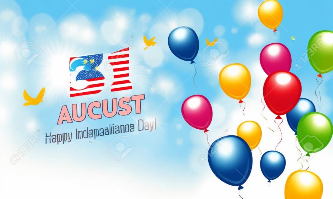 8 월 31 일. 말레이시아 독립 기념일 인사말 카드입니다. 풍선와 푸른 하늘을 비행 축 하 배경입니다. 벡터 일러스트 레이 션
