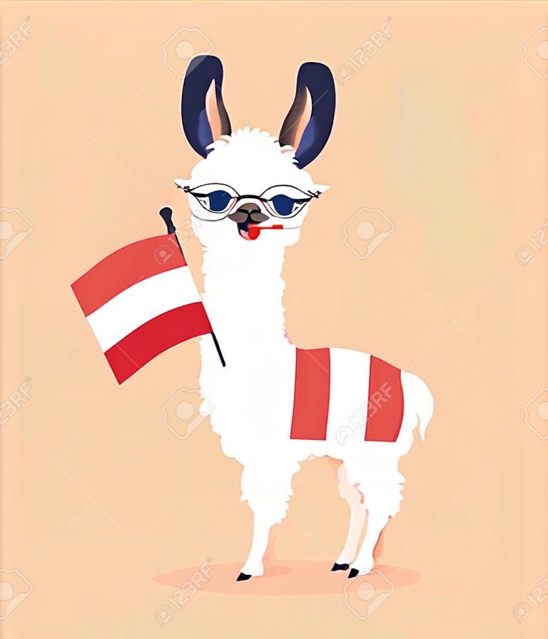 Lama de dessin animé mignon avec le drapeau du Pérou sur fond rose. Illustration vectorielle