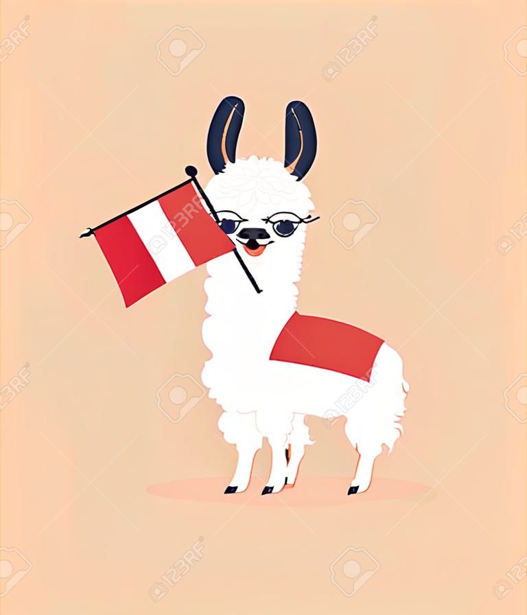Lama de dessin animé mignon avec le drapeau du Pérou sur fond rose. Illustration vectorielle