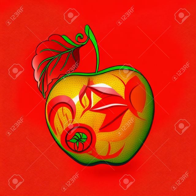 Vettore colorato di rosso Contour Apple. Hand Drawn Fruit Arte contemporanea