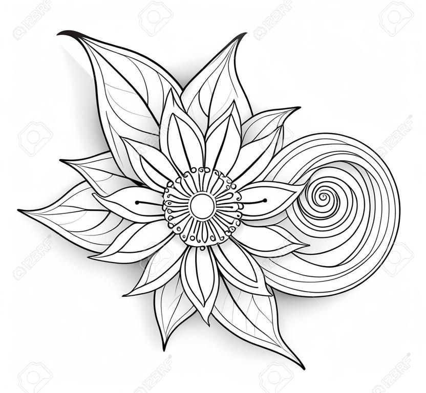 Vector Mooi Abstract Monochrome Bloemen Compositie met Bloemen, Bladeren en Swirls. Floral Design Element in Doodle Style met Realistische Schaduwen