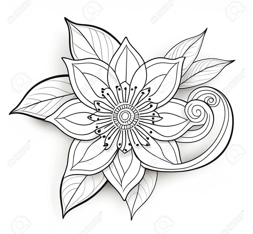 Vector Beautiful Abstract Monochrome Floral Composition with Flowers, Leaves and Swirls. Floral Design Element in Doodle Style with Realistic Shadows