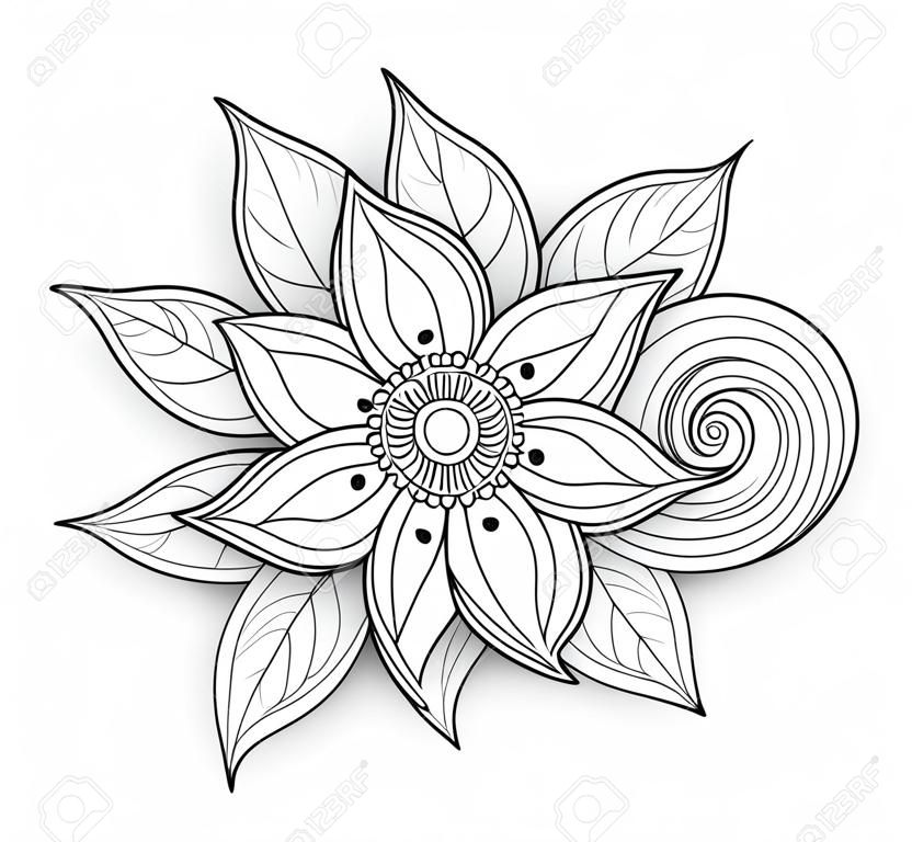 Vector Beautiful Abstract Monochrome Floral Composition with Flowers, Leaves and Swirls. Floral Design Element in Doodle Style with Realistic Shadows