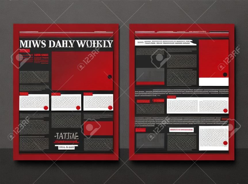 Projeto de impressão de layout de modelo de jornal com páginas vetoriais de elementos vermelhos e pretos escuros