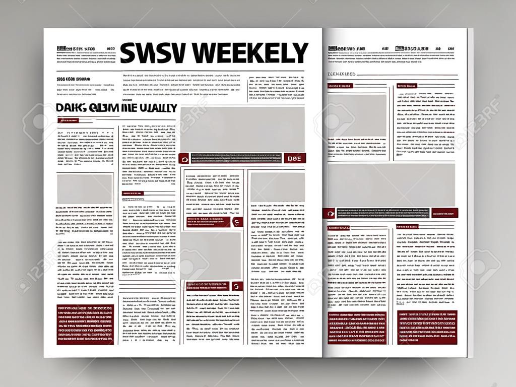 Projeto de impressão de layout de modelo de jornal com páginas vetoriais de elementos vermelhos e pretos escuros