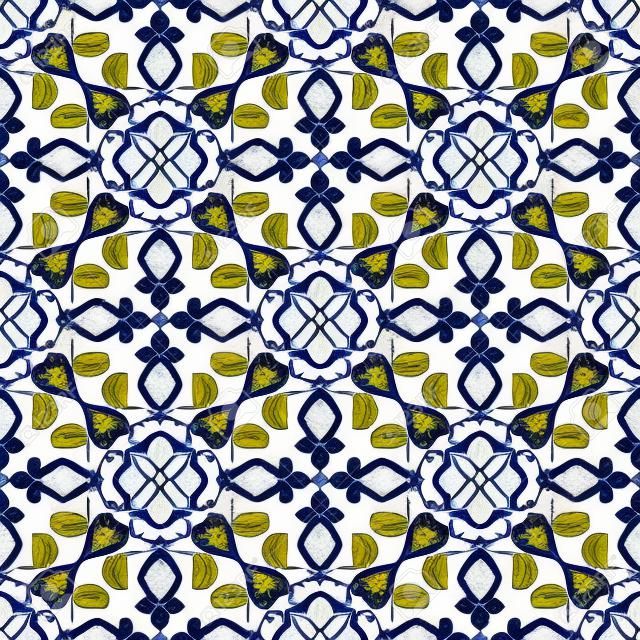 Vector padrão de azulejo italiano com ornamentos azuis e brancos. Azulejo português, talavera mexicana, majólica espanhola ou motivos holandês delft. Textura cerâmica telhada para parede de cozinha ou piso de banheiro.