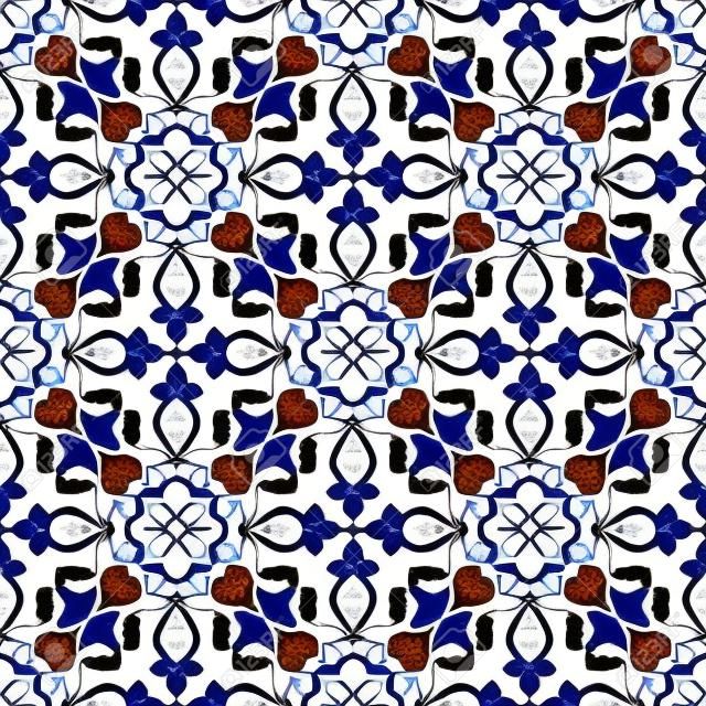 Wektor wzór włoskich płytek z niebieskimi i białymi ornamentami. Portugalskie azulejo, meksykańska talavera, hiszpańska majolika lub delft holenderskie motywy. Wykafelkowana ceramiczna tekstura na ścianę w kuchni lub podłogę w łazience.