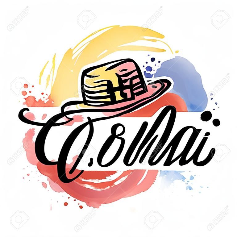 Main logo lettrage avec des éléments d'aquarelle. Vector illustration de jour de l'indépendance de la Colombie.