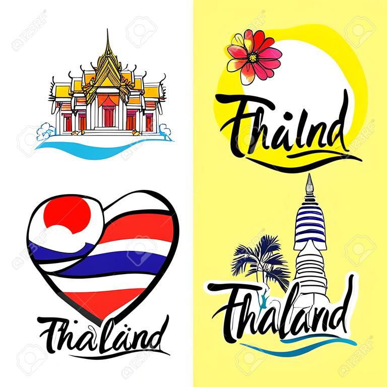 Una ilustración vectorial de elementos dibujados a mano para viajar a Tailandia, concepto de viajes a Tailandia. Conjunto de logotipo de letras
