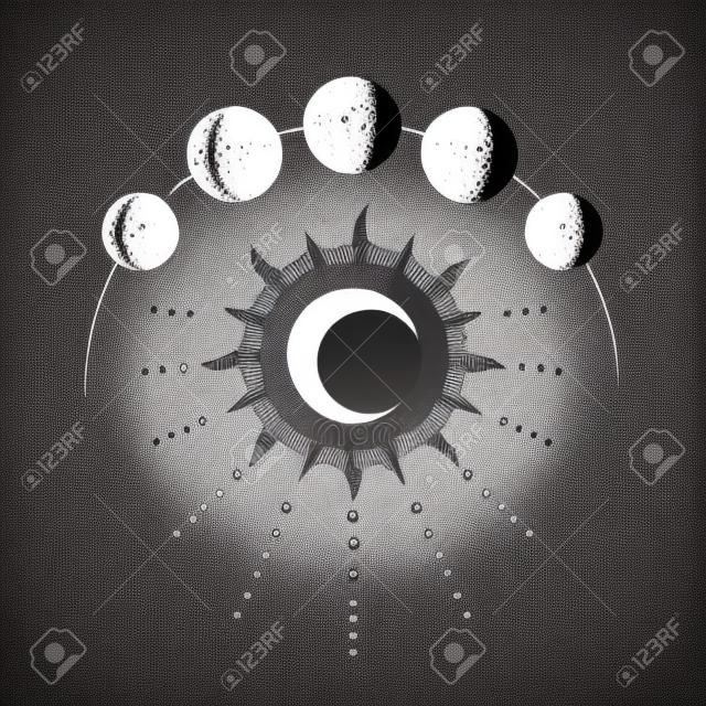 Vector illustration set of moon phases. Engraving style