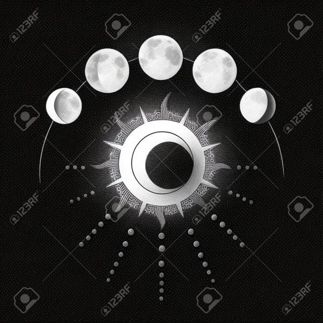 Vector illustration set of moon phases. Engraving style
