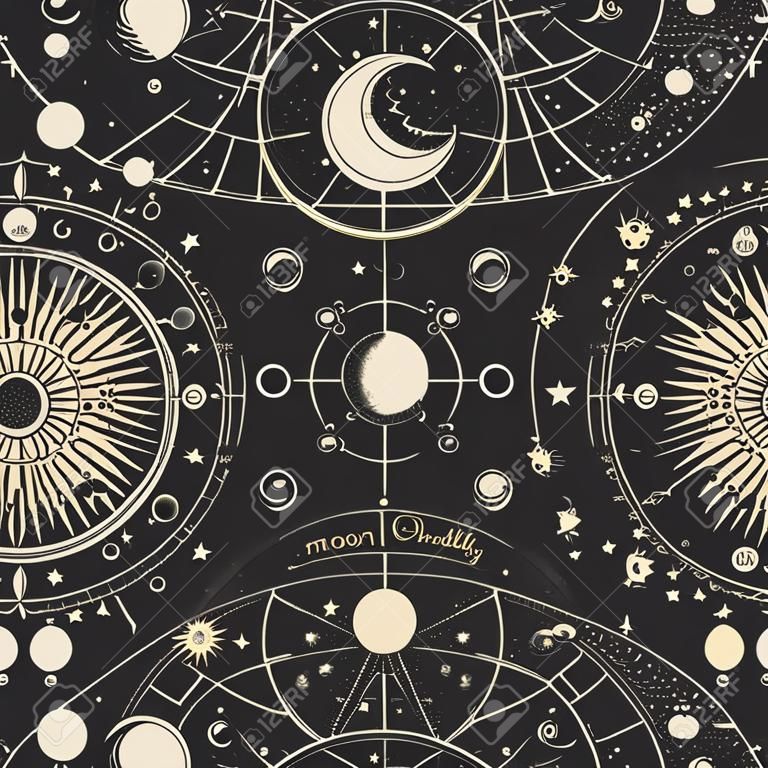 Vector illustration set of moon phases. Different stages of moonlight activity in vintage engraving style. Zodiac signs