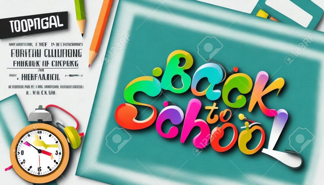 Ink flowing in lettering form Back to school. Topographic Banner with pencils, clock, clothespins and calculator. Lettering for banners, posters, flyers. Creative sketch design advertising. Vector