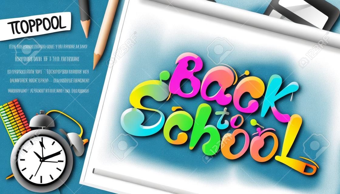 Ink flowing in lettering form Back to school. Topographic Banner with pencils, clock, clothespins and calculator. Lettering for banners, posters, flyers. Creative sketch design advertising. Vector
