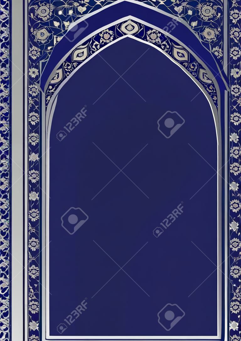 Cornice ornata in stile orientale in blu e argento. Modello di progettazione per carte, inviti musulmani e decorazioni per brochure, flyer, certificato, poster.