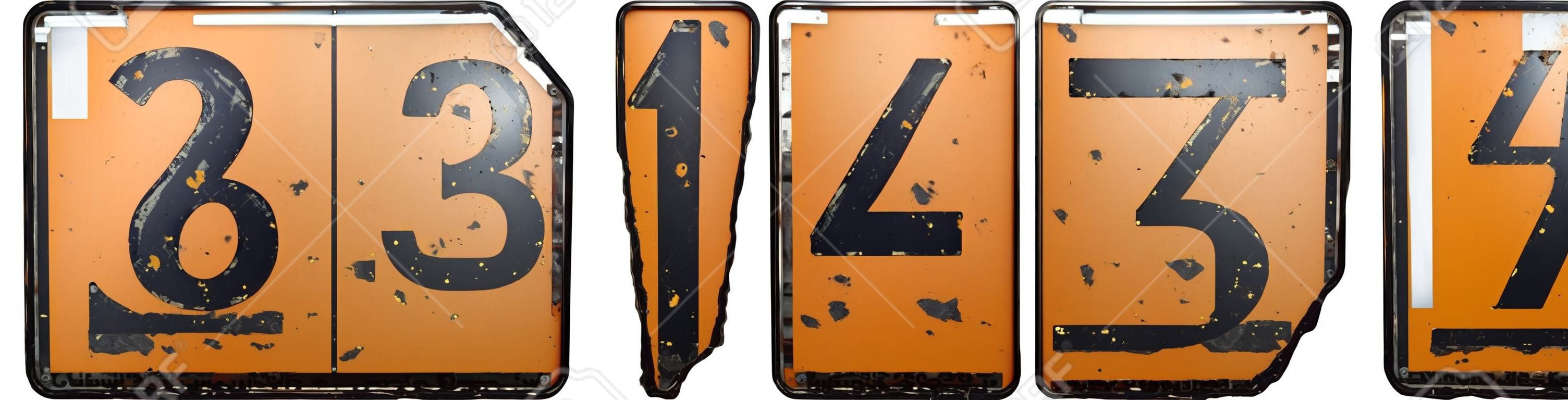 Set of numbers 2, 3, 4, 5 made of public road sign orange and black color on white background. 3d rendering