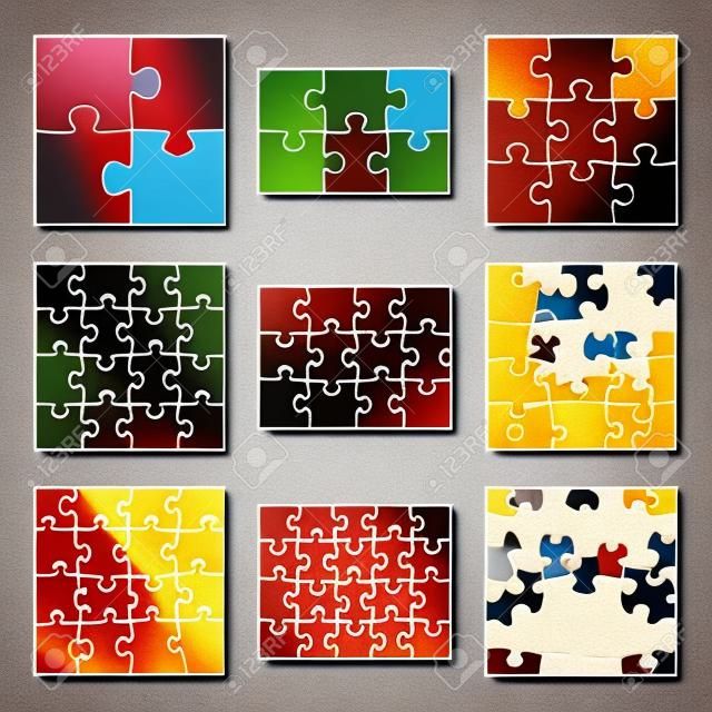Jigsaw puzzle nine vector templates set of different blank simple pieces