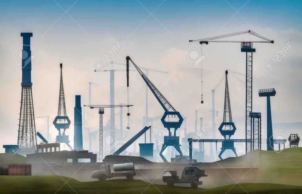 Industrial site view with cranes. Heavy industry background