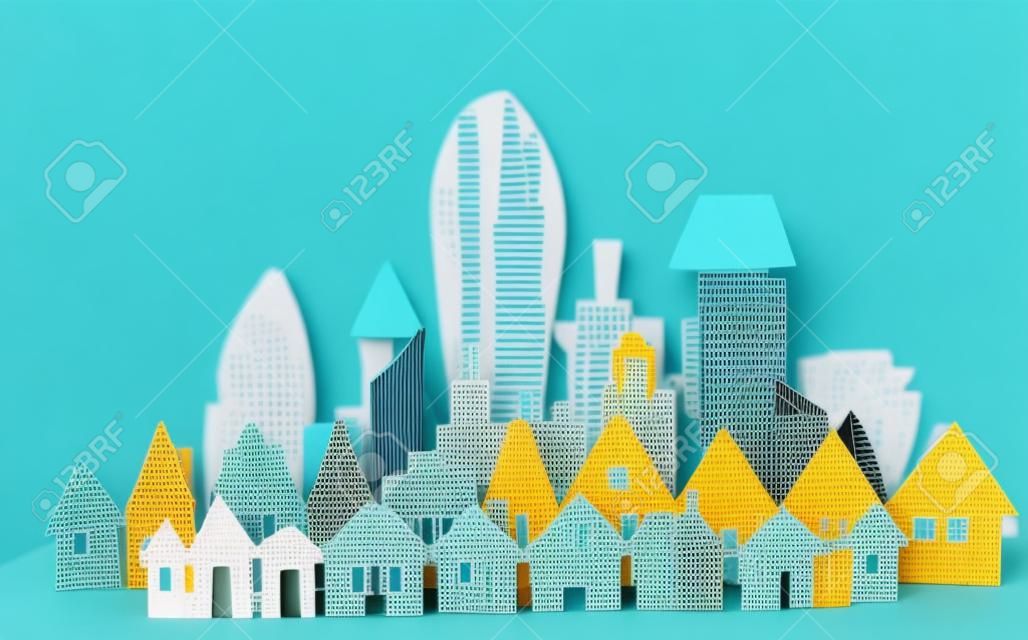 Città di Carta. Sfondo di carta tagliata con edifici e moderni grattacieli.