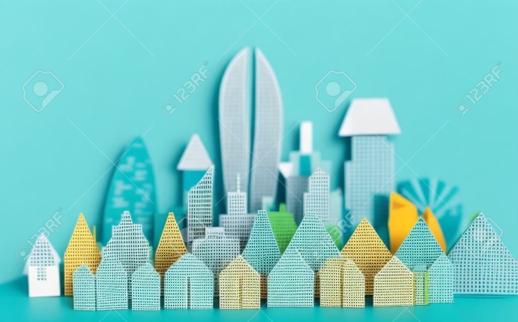 Città di Carta. Sfondo di carta tagliata con edifici e moderni grattacieli.