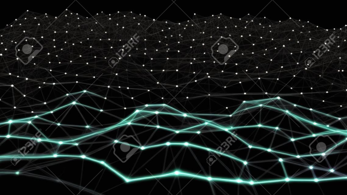 Digital wave with dots, lines and triangles on the dark background. The futuristic abstract structure of network connection. Big data visualization.