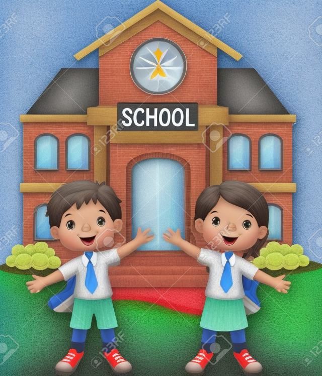 Schoolkinderen poseren voor school