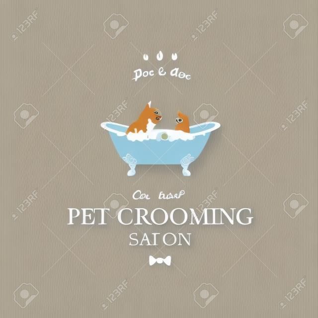 Cute dog and cat in bath. Logo for pet hair salon, pet styling and grooming shop, store for dogs and cats. Vector illustration