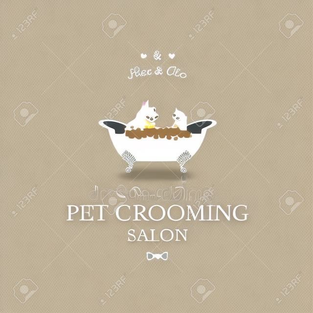お風呂でかわいい犬と猫。ペットのヘアサロン、ペットスタイリングやグルーミングショップ、犬や猫のための店舗のためのロゴ。ベクトルのイラスト