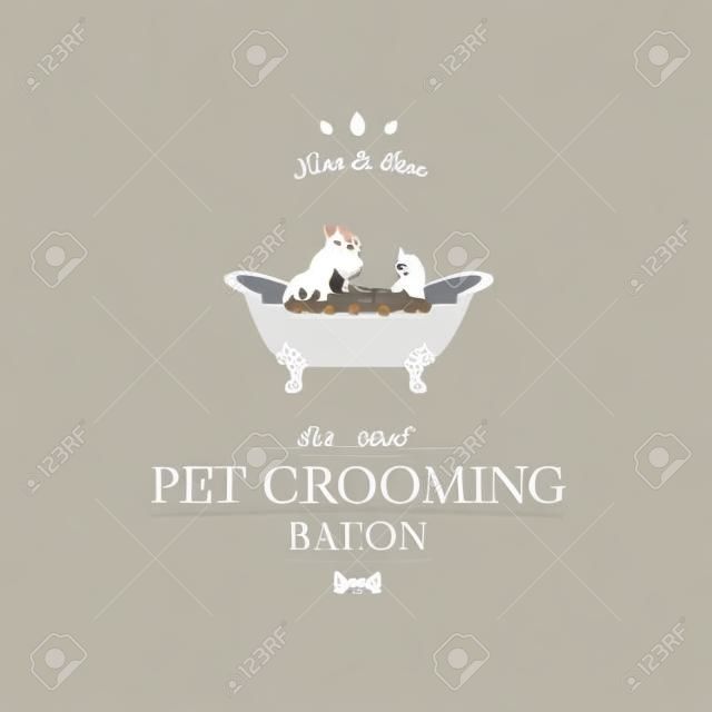 お風呂でかわいい犬と猫。ペットのヘアサロン、ペットスタイリングやグルーミングショップ、犬や猫のための店舗のためのロゴ。ベクトルのイラスト