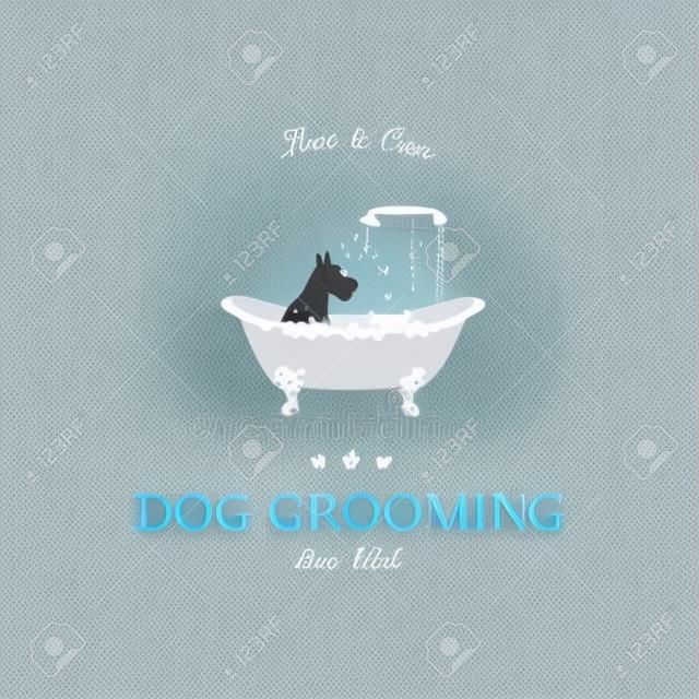 Милая собака принимая душ в ванне. Логотип для собачьей парикмахерской, парикмахерского салона, магазина для домашних животных. Векторная иллюстрация