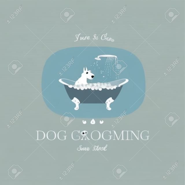 Lindo perro tomando ducha en el baño. Logotipo para peluquería de perros, tienda de peluquería y peluquería, tienda de mascotas. Ilustración vectorial