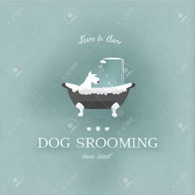 Cute dog taking shower in bath. Logo for dog hair salon, styling and grooming shop, store for pets. Vector illustration