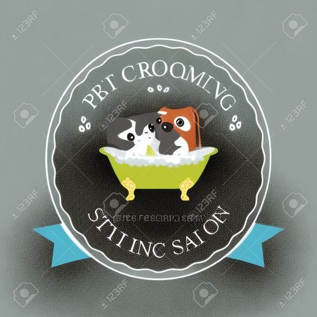 Cane e gatto svegli che prendono doccia nel bagno. Logo per parrucchiere per animali, negozio di toelettatura e cura degli animali, negozio per cani e gatti. Illustrazione vettoriale