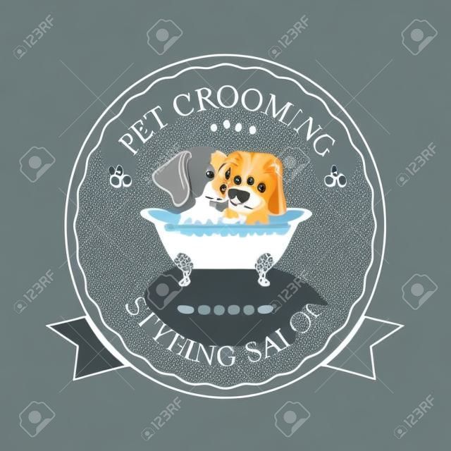 Милая собака и кошка, принимая душ в ванне. Логотип для парикмахерской, салона стайлинга и ухода за домашними животными, магазина для собак и кошек. Векторная иллюстрация