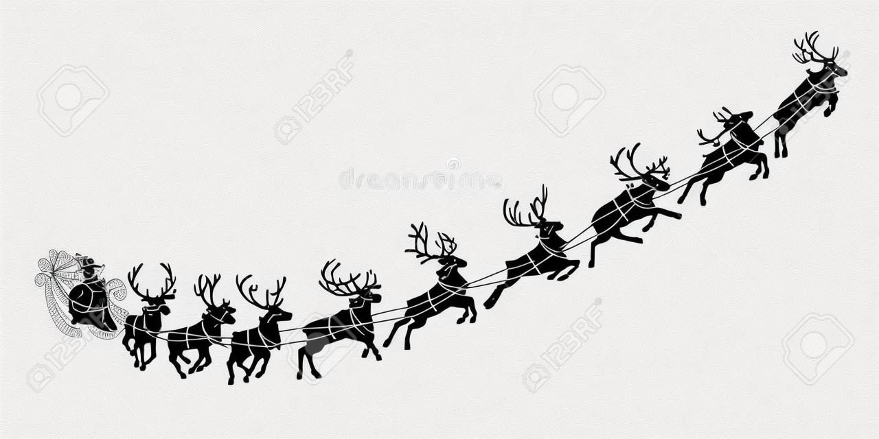 Slitta di Babbo Natale con renne. Babbo Natale consegna doni e regali. illustrazione vettoriale
