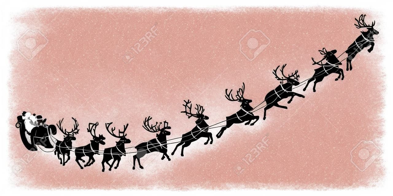 Santa Claus sleigh with reindeer. Santa delivering gifts and presents. Vector Illustration