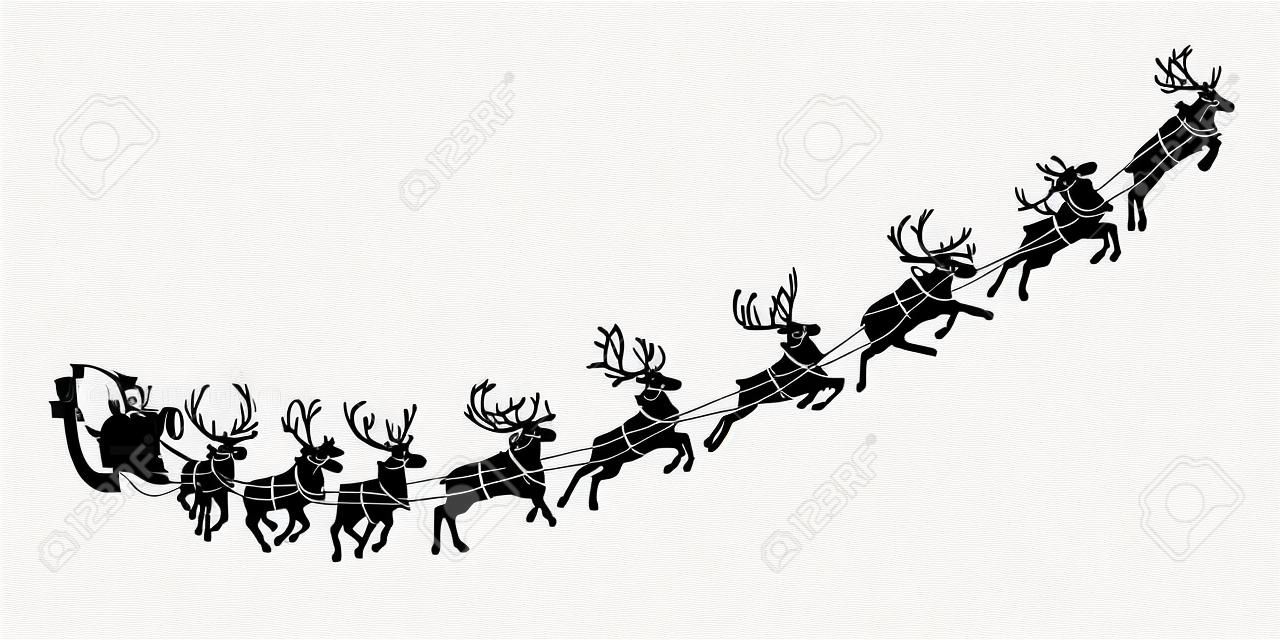 Santa Claus sleigh with reindeer. Santa delivering gifts and presents. Vector Illustration