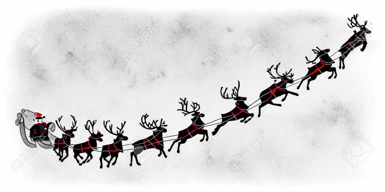 Trineo de Papá Noel con renos. Santa entregando regalos y regalos. Ilustración vectorial