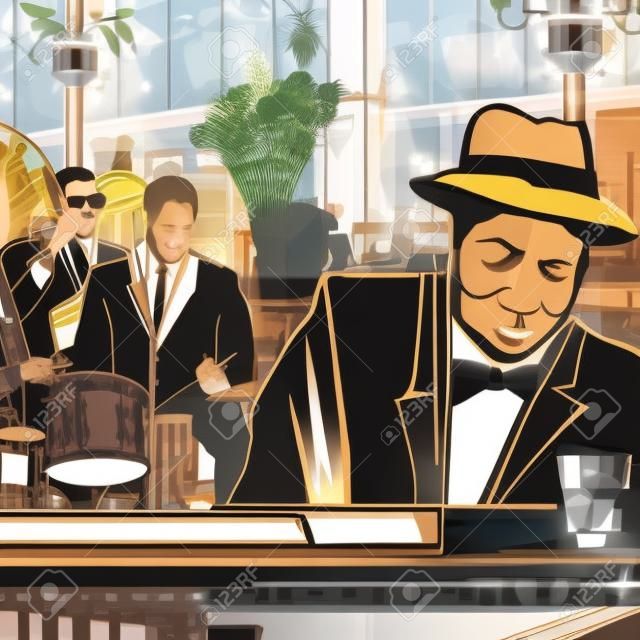 Ilustração, de, um, piano-Jazz, banda, em, um, restaurante