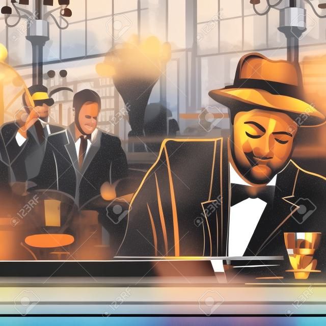 Ilustración de una banda de piano-jazz en un restaurante