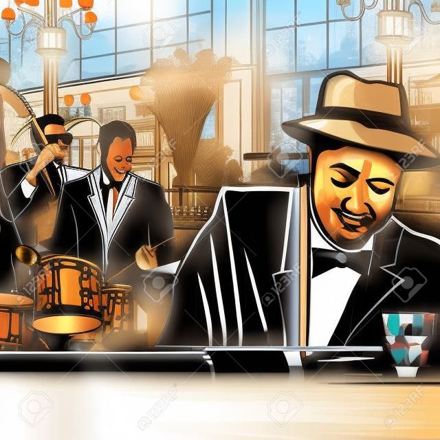 Ilustración de una banda de piano-jazz en un restaurante